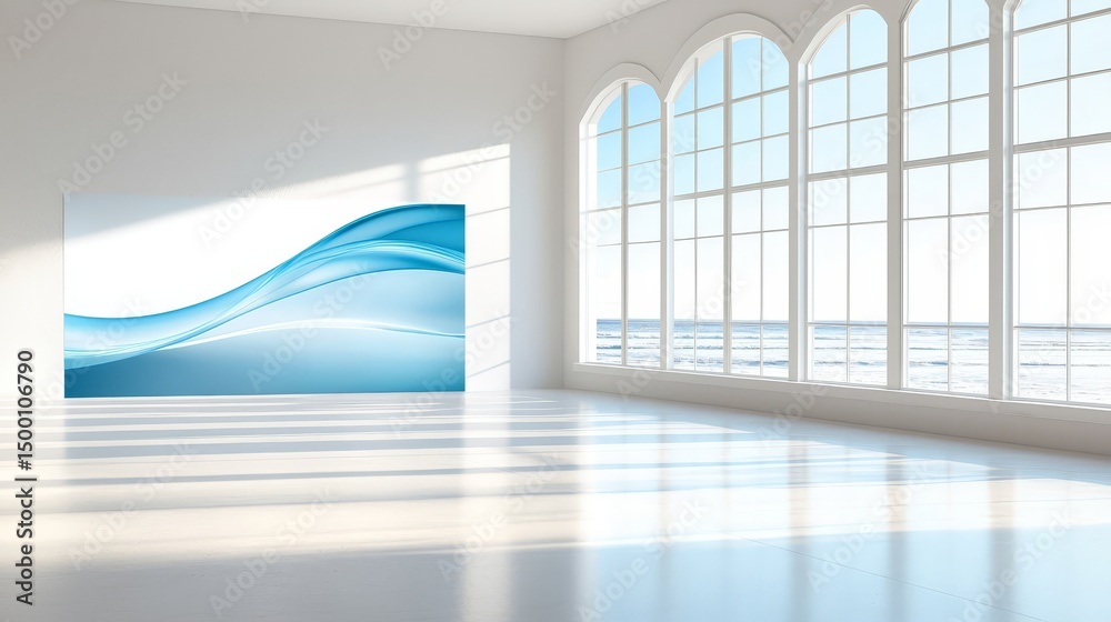 Poster large blue wave is painted on a white wall in a room with a large window overlooking the ocean. the 