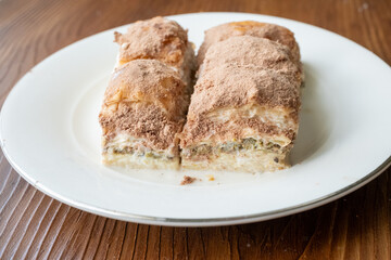 Cold baklava with cacao on a white plate	close up