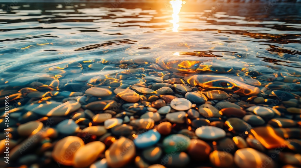 Fototapete the water is calm and the sun is setting, creating a beautiful and serene atmosphere. the rocks in t
