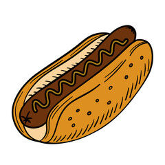 Classic hot dog American cuisine street food. Delicious bun with tasty sausage and mustard or ketchup on top.  Appetizer barbecue outline art