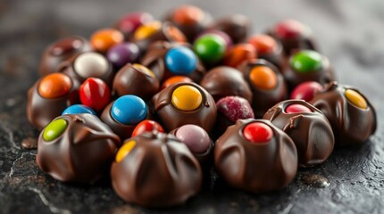 Colorful candy-coated chocolate drops scattered on a smooth surface, vibrant lighting, realistic photography style, no text, isolated, commercial food presentation