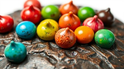 Colorful candy-coated chocolate drops scattered on a smooth surface, vibrant lighting, realistic photography style, no text, isolated, commercial food presentation