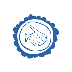 Retro marine illustration of a fish inside a decorative stamp style frame on textured background