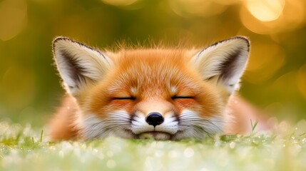 Red fox is sleeping peacefully on the grassy ground under soft golden sunlight. - high quality Red fox is sleeping peacefully on the grassy ground und