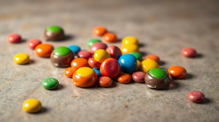Colorful candy-coated chocolate drops scattered on a smooth surface, vibrant lighting, realistic photography style, no text, isolated, commercial food presentation