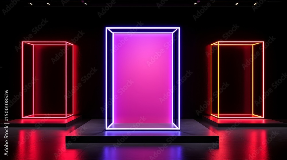 Poster Three boxes with neon lights inside of them. The boxes are pink and red. The boxes are arranged in a row