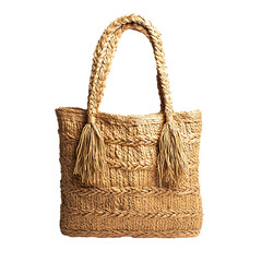 Bohemian Straw Tote Bag with Intricate Woven Detail Isolated on Transparent Background