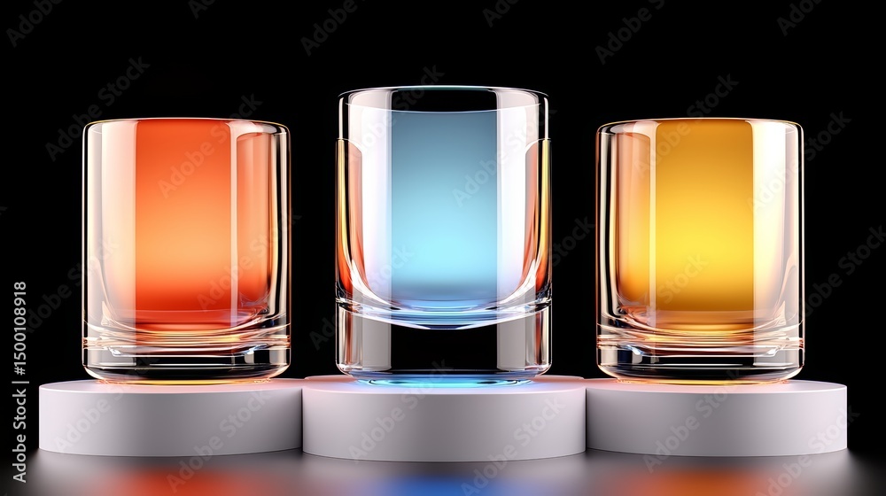 Poster three glasses of different colors are displayed on a white pedestal. the glasses are arranged in a r