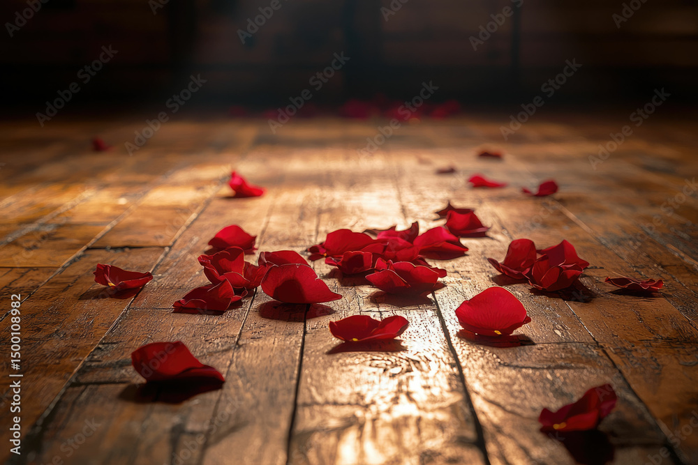 Aufkleber scattered red rose petals on a rustic wooden floor, creating a romantic and intimate atmosphere.