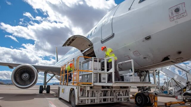 Ground crew members working efficiently, carefully loading luggage and cargo containers into passenger airplane hold during daytime airport operations