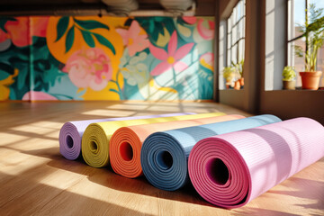 Colorful yoga mats arranged neatly on wooden floor in a bright studio with vibrant floral mural, creating an inviting atmosphere for fitness and relaxation
