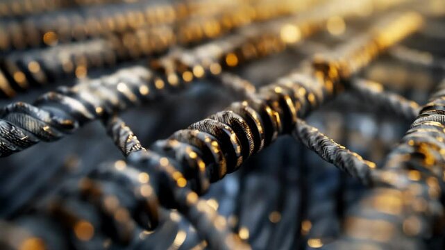 Close-up of intertwined steel rebar with a shiny surface. The image captures the texture and details of the metal, reflecting light in a construction setting.
