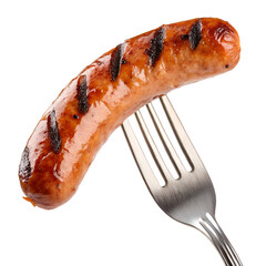 Juicy grilled sausage with charred marks on metal fork, isolated on transparent background, bbq food, smoky flavor, meat snack, protein meal