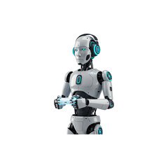 Robot holding tablet and standing upright