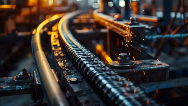 Close-up of a conveyor belt in an industrial setting. Metal chains and rollers are visible. Sparks are flying from machinery in the background. Warm lighting enhances the scene.