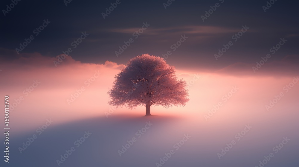 Aufkleber tree is standing in the snow with a pink sky in the background. the tree is the only object in the i