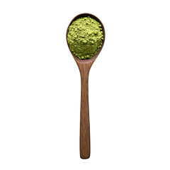 Green powder on a wooden spoon on transparent background