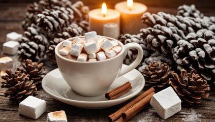 Warm cup of cocoa with marshmallows on a wooden table, surrounded by pinecones and cinnamon sticks