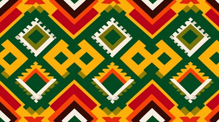 Vibrant geometric vector pattern with tribal influence, featuring diamonds and chevrons