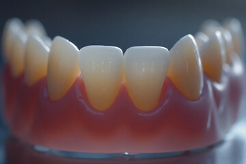 Model of dental lower jaw prosthesis. Front view close-up.
