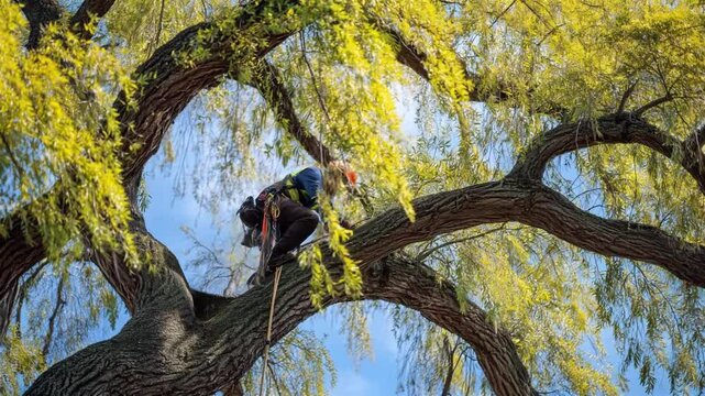 Skilled arborist pruning tree branches, wearing safety gear, sawing while balancing high above green leafy canopy and clear blue sky background