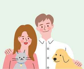 couple portrait with a cat and a dog