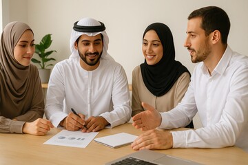 Diverse Team in Productive Meeting with Emirati Businessman Signing Document