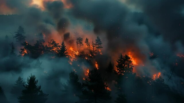 Aerial view of a forest fire with flames engulfing trees. Smoke billows into the sky, creating a dramatic scene of destruction and environmental impact.