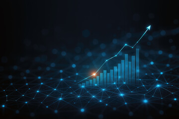 Glowing blue bar chart with upward trend line emerging from a digital network background, symbolizing data growth and financial analyt