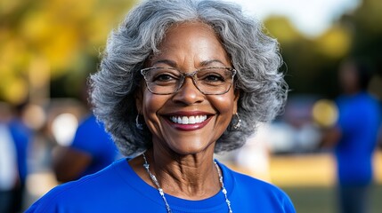 Smiling senior woman is standing outside wearing glasses and a blue shirt, with a blurred background of people.
