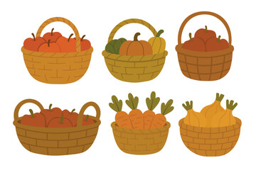 Six cartoon baskets with pumpkins, apples, carrots and onions in cozy autumn colors.