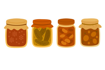 Cute cartoon jars with jam, pickles, beans and stew. Cozy preserved food in flat style.