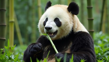Giant Panda Eating Bamboo in Lush Forest