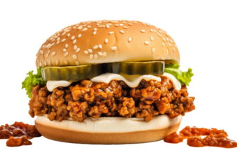Delicious sloppy joe burger sesame seed bun isolated on a white background, Png Transparent Background