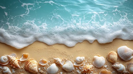 Beach themed wedding invitation card with sand seashells and waves in the background The text reads the couple's names and wedding details in a relaxed casual font to match the vibe