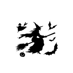 Ultra-Realistic Witch Silhouette Set - Flying Broomstick & Halloween Vector Pack