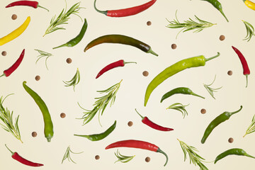 Bright summer beige background of colorful hot pepper, rosemary and peppercorn seasoning. Healthy food, fresh healthy vegetables