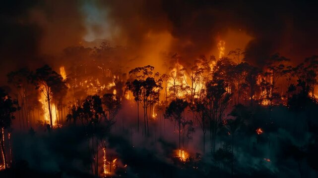 A forest engulfed in flames with thick smoke rising. The scene shows tall trees burning intensely, creating a dramatic and hazardous environment. The sky is darkened by smoke.