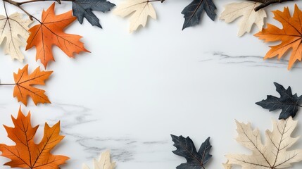 White background with a frame of autumn leaves. The leaves are orange, black, and white