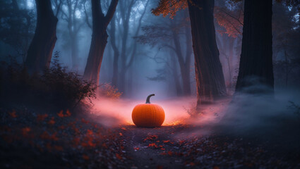 Naklejka premium A glowing orange pumpkin sits on a forest path with a misty, magical ambiance for Halloween.