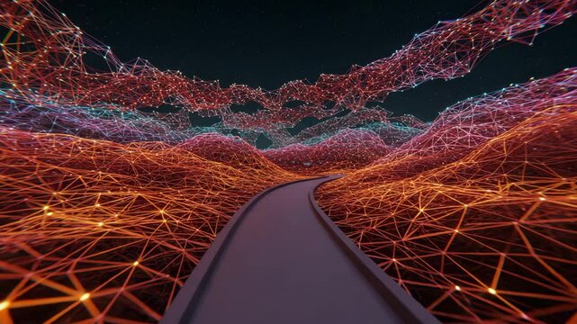Neural pathway through digital brain network &ndash; conceptual 3D visualization of synaptic activity