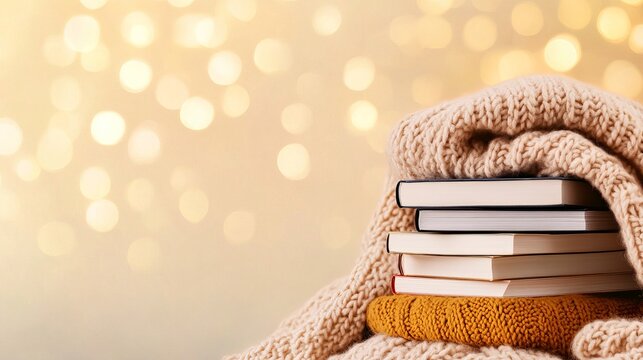 Stack of books is covered in a beige knitted blanket against a blurry background of yellow bokeh lights.