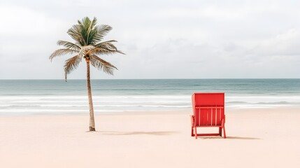 Serene Beach Scene: Red Chair Palm Tree Ocean