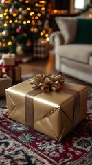 A Golden Christmas Gift Box Underneath a Festive Decorated Tree