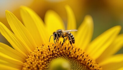 Bee on Sunflower with Yellow Petals and Central Disc