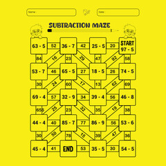 Subtraction maze puzzle worksheet for children