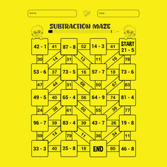 Subtraction maze puzzle worksheet for children