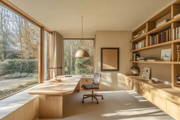 Modern, light-filled home office with oak furniture