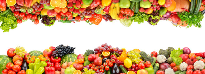 Collection of bright fresh and ripe fruits and vegetables in the form frame isolated on white