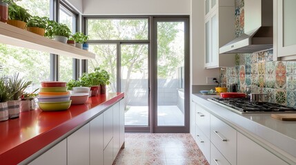 Modern kitchen with white cabinets and a red countertop. on the left side of the image, there is a wooden shelf with several potted plants and colorful bowls.